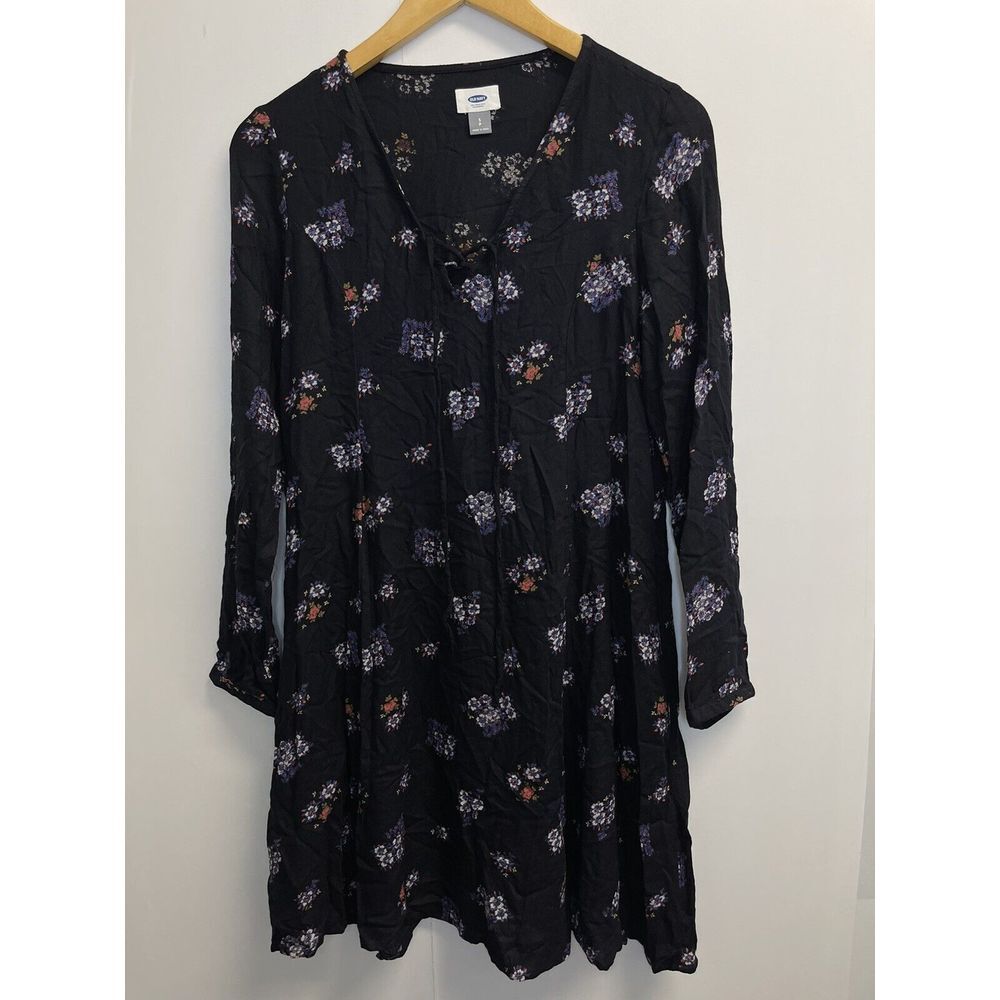 OLD NAVY Women's Size S Black Floral Dress Long Sleeve Fit &‎ Flare Tie Up Neck